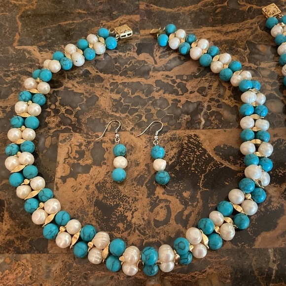 NWOT Turquoise White Pearl Choker Necklace/Bracelet/Earrings Gorgeous Set - Picture 2 of 10